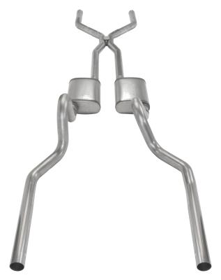 Crossmember Back w/H-Pipe Exhaust System 65-70 Mustang Split Rear Dual Exit 2.5 in Intermediate And Tail Pipe Race Pro Mufflers/Hardware Incl Tip Not Incl Pypes Exhaust