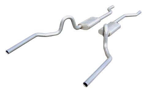 Crossmember Back Without X-Pipe Exhaust System 64-72 A-Body Split Rear Dual Exit 2.5 in Intermediate/Tail Pipe 18in Race Pro Mufflers/Hardware Incl Tip Not Incl Natural 409 Stainless Pypes Exhaust