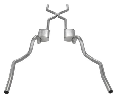 Crossmember Back w/H-Pipe Exhaust System 70-71 GTO/68-72 442 Dual Split Rear Valance Exit 2.5 in Intermediate And Tail Pipe Violator Mufflers And Hardware Incl Tip Not Incl Pypes Exhaust