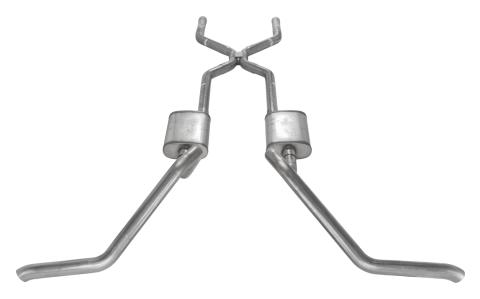 Crossmember Back w/H-Pipe Exhaust System 65-70 B-Body Split Side Dual Exit 2.5 in Intermediate And Tail Pipe Hardware Incl Muffler And Tip Not Incl Pypes Exhaust