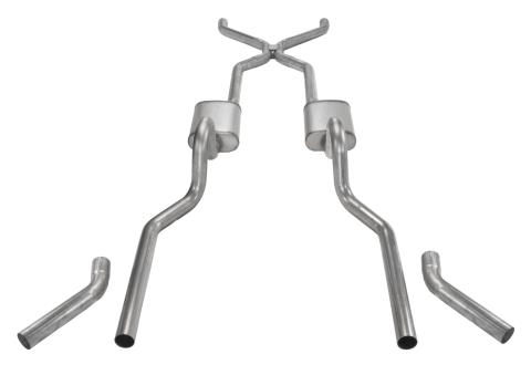 Crossmember Back w/H-Pipe Exhaust System 55-57 Chevy Wagon Split Rear Dual Exit 2.5 in Intermediate And Tail Pipe Hardware Incl Muffler And Tip Not Incl Pypes Exhaust