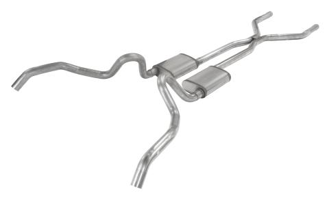 Crossmember Back w/H-Pipe Exhaust System 62-67 Nova Split Rear Dual Exit 2.5 in Intermediate And Tail Pipe Hardware Incl Muffler And Tip Not Incl Pypes Exhaust