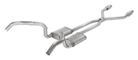 Crossmember Back w/H-Pipe Exhaust System 75-79 Nova Split Rear Dual Exit 2.5 in Intermediate And Tail Pipe Muffler And Tip Not Incl Natural Finish 409 Stainless Steel Catalytic Converter Incl Pypes Exhaust