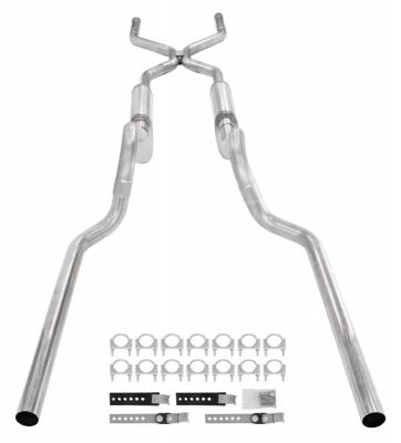 Crossmember Back W/ H-Pipe Exhaust System 63-66 GM Truck Split Rear Dual Exit 2.5 Inch Intermediate And Tailpipe Hardware Incl Violator Muffler Incl And Tip Not Incl Stainless Steel Pypes Exhaust