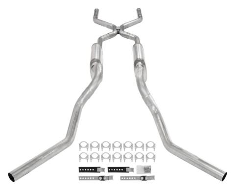Crossmember Back W/ H-Pipe Exhaust System 63-66 GM Truck Split Side Dual Exit 2.5 Inch Intermediate And Tailpipe Hardware Incl Race Pro Muffler Incl And Tip Not Incl Stainless Steel Pypes Exhaust