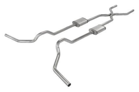 Crossmember Back w/H-Pipe Exhaust System 67-74 GM Split Rear Dual Exit 2.5 in Intermediate And Tail Pipe Violator Muffler/Hdw Incl Tip Not Incl Natural Finish 409 Stainless Steel Pypes Exhaust