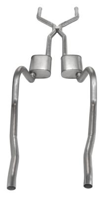 Crossmember Back w/H-Pipe Exhaust System 67-73 Mopar A-Body Split Rear Dual Exit 2.5 in Intermediate And Tail Pipe Hardware Incl Muffler And Tip Not Incl Pypes Exhaust