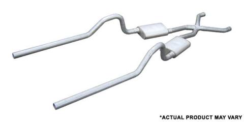 Crossmember Back w/X-Pipe Exhaust System 66-74 Mopar B-Body Split Rear Dual Exit 2.5 in Intermediate And Tail Pipe Hardware Incl Muffler And Tip Not Incl Pypes Exhaust