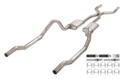 1966-1974 Mopar B-Body 3 Inch Crossmember Back Exhaust System With H-Pipe 409 Stainless With Race Pro Mufflers SMB43R