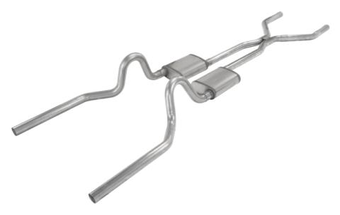Crossmember Back w/H-Pipe Exhaust System 71-73 Mustang Split Rear Dual Exit 2.5 in Intermediate And Tail Pipe Hardware Incl Muffler And Tip Not Incl Pypes Exhaust