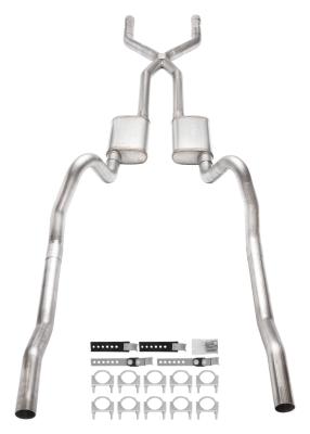 1966-1974 Mopar B-Body 3 Inch Crossmember Back Exhaust System With X-Pipe 409 Stainless With Street Pro Mufflers SMB13S