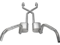 Crossmember Back w/X-Pipe Exhaust System 75-79 Nova Split Rear Dual Exit 2.5 in Intermediate And Tail Pipe Muffler And Tip Not Incl Natural Finish 409 Stainless Steel Catalytic Converter Incl Pypes Exhaust